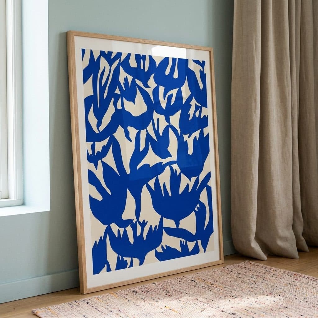 Swallow Dive abstract print framed in oak, leaning against a sage green wall