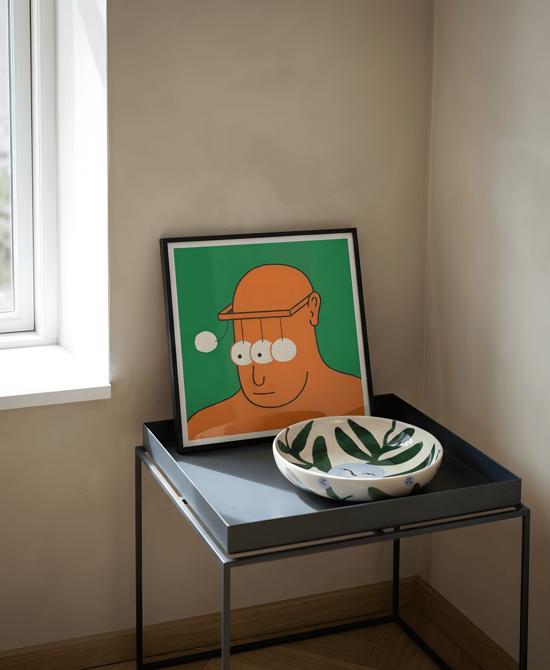 Mean Snothing illustration print on a tray table